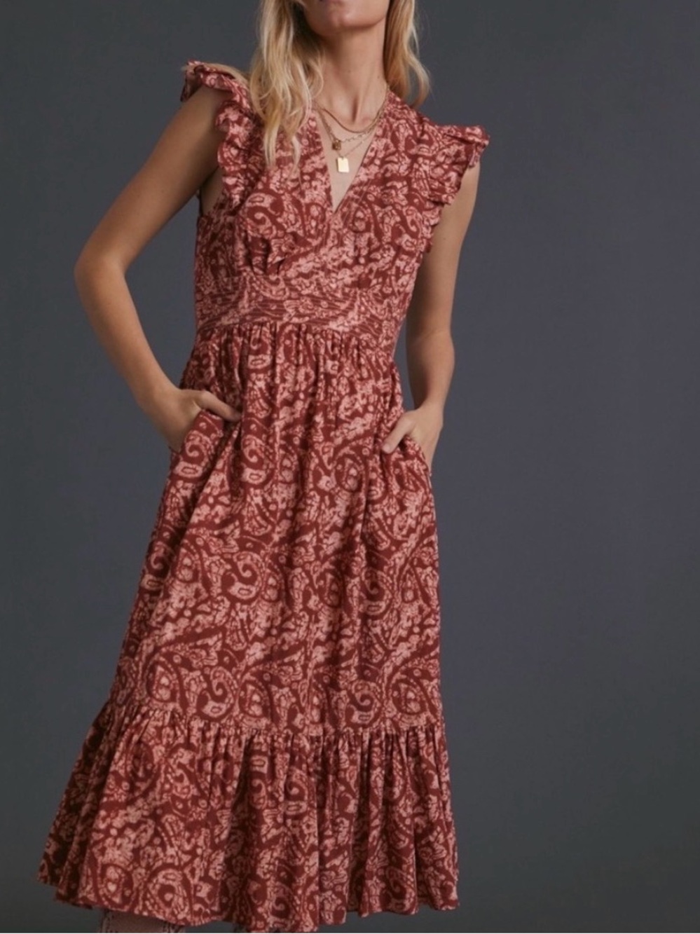 Elegant cotton V-Neck Midi Dress in Rust Floral